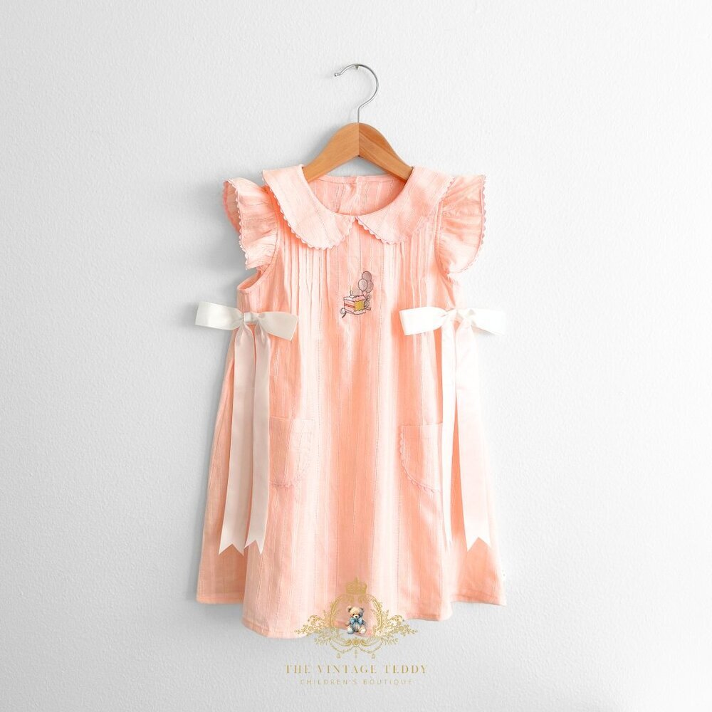 NWT Pretty Girls Embroidered Dress Happy Birthday Cake Balloons & Bows Peach 3T